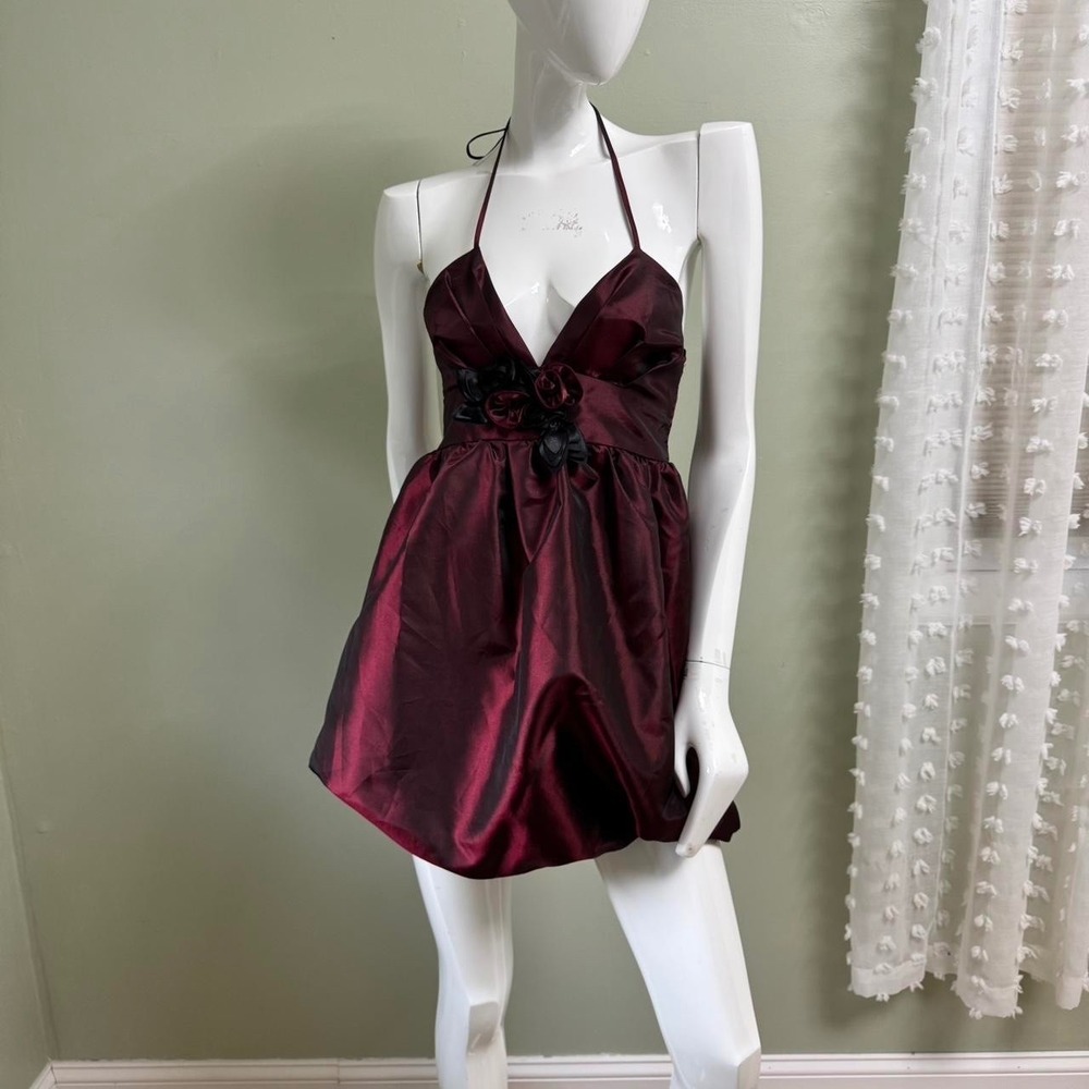 Vintage 2000s Little Black Dress Co. Burgundy Satin Halter Bubble Mini Dress – S